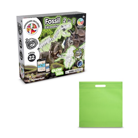 2 IN 1 FOSSIL EXCAVATION KIT IV. Vzdělávací hra dodáváno s dárkovým sáčkem z netkané textilie (80 g/m²), světle zelená