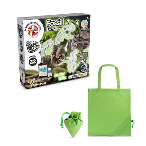 2 IN 1 FOSSIL EXCAVATION KIT V. Vzdělávací hra dodáváno se skládací dárkovou taškou 190T, světle zelená