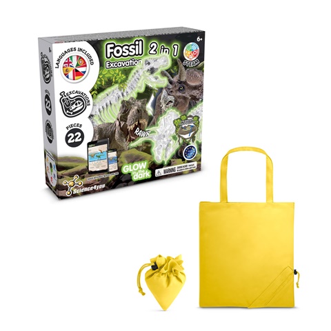 2 IN 1 FOSSIL EXCAVATION KIT V. Vzdělávací hra dodáváno se skládací dárkovou taškou 190T, žlutá